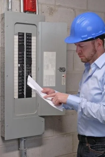 Profesional revisando un tablero para dictamen de instalación eléctrica